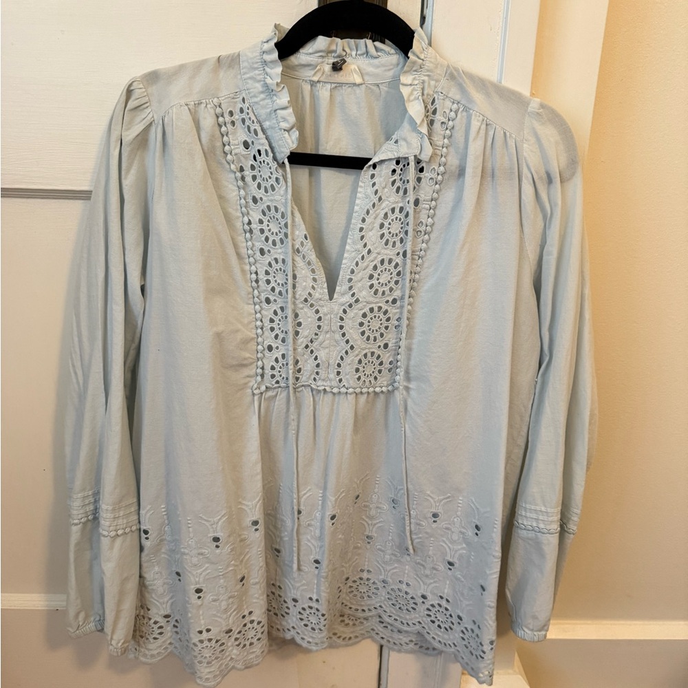 LOFT Sky Blue Embroidered Blouse